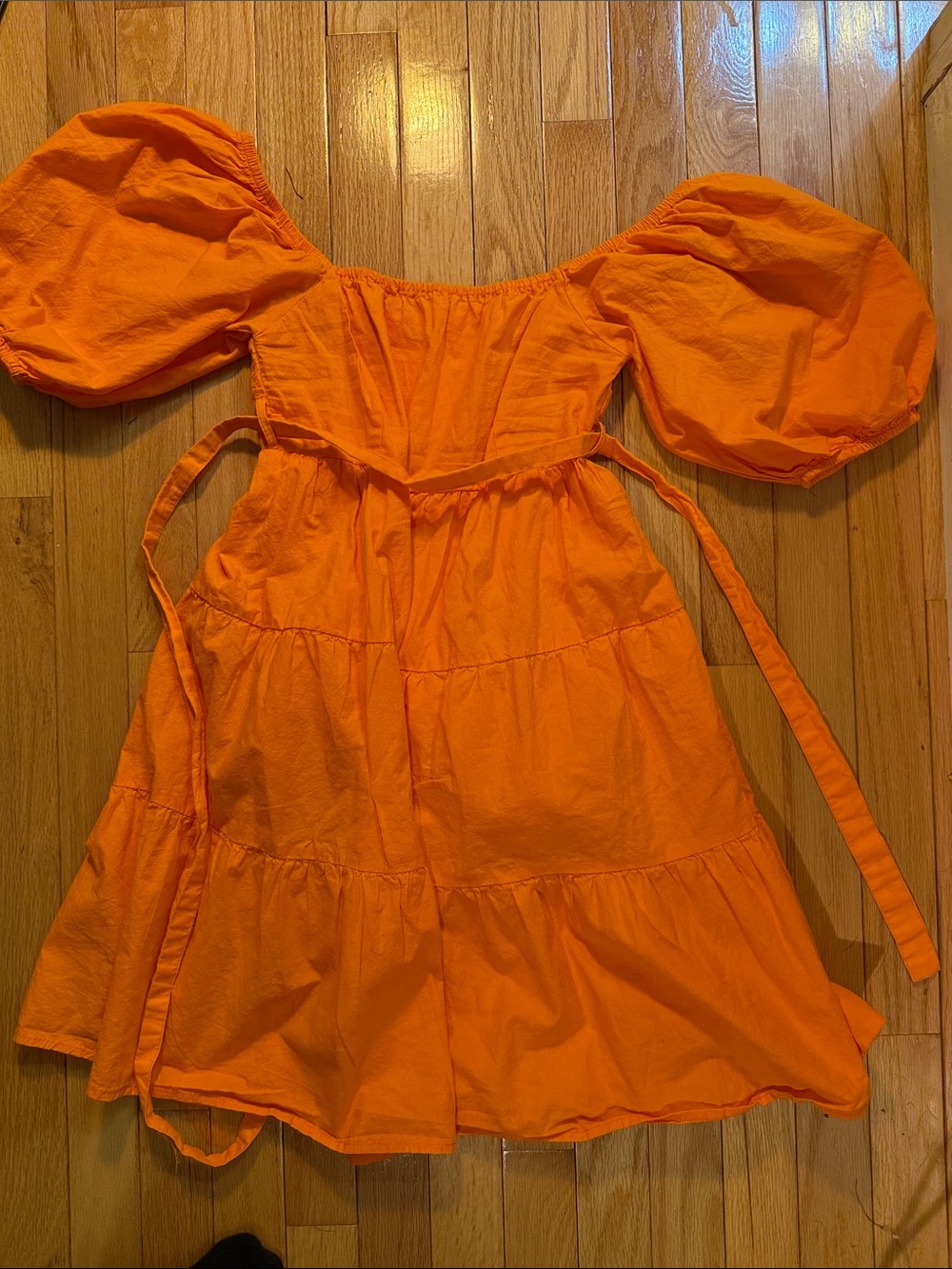 Sim and Sam Bright Orange Puff Sleeve, off the shoulder, Tiered Dress